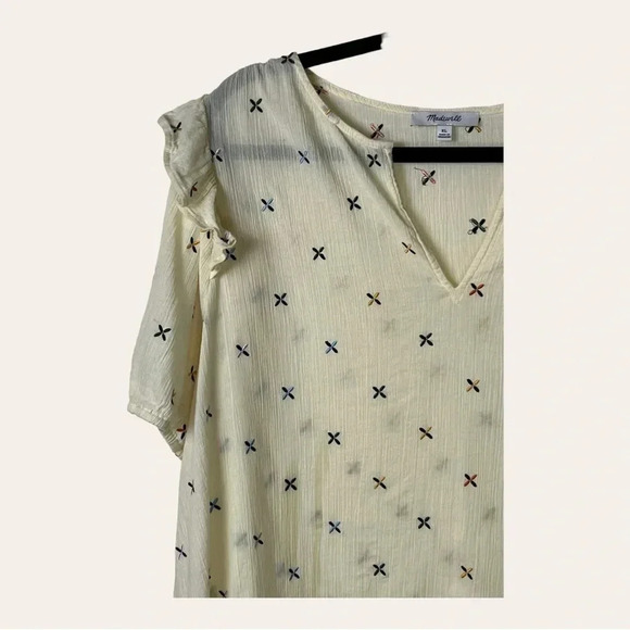 0458W. MADEWELL SHORT SLEEVE BLOUSE WITH EMBROIDERY‎ CREAM IN COLOR RUFFLES - Picture 3 of 10